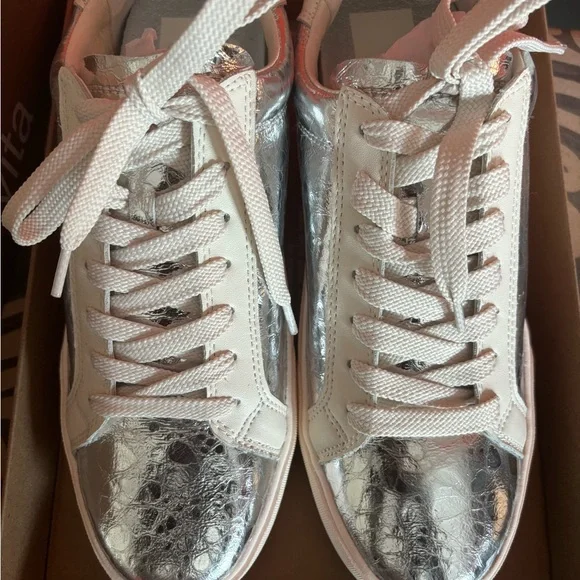 NWOT.  Dolce Vita Silver and White Sneakers with Metallic Toe Cap - Picture 4 of 9